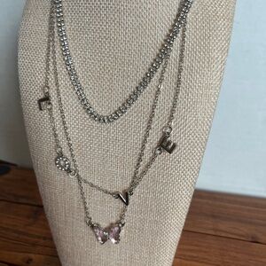 Silver and Pink Butterfly Love multi layer Charm Necklace NWT